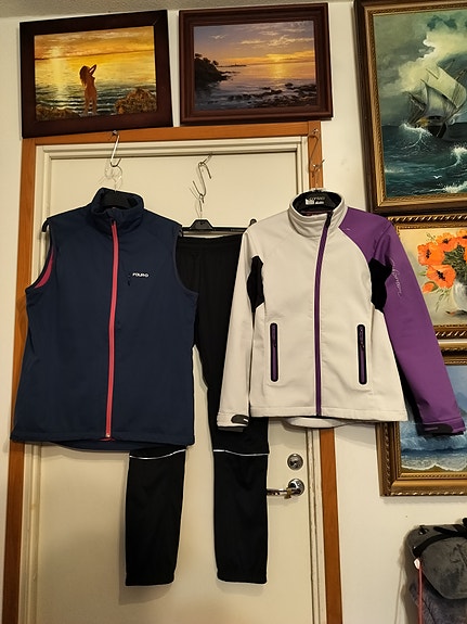 Salomon softshell takki s, softshell liivi 42, North bend softshell housut 40