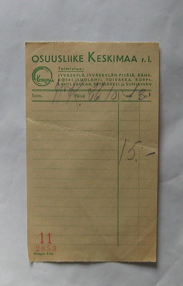 Osuusliike Keskimaa. Kuitti 1943