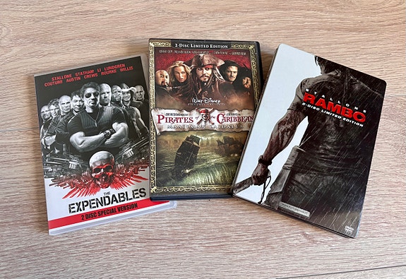 Expendables, Pirates of the Caribbean, Rambo DVD-elokuvat