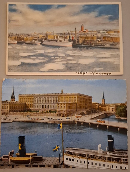 Kulkeneet Tukholma -postikortit 2 kpl 1950-luku