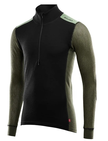 Aclima Men's WoolNet Hybrid Mockneck Jet Black/Olive Night/Dill