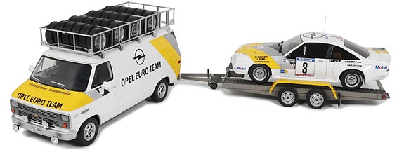 Pienoismalli  Opel Manta Group B + Kuljetuskalusto,1:18