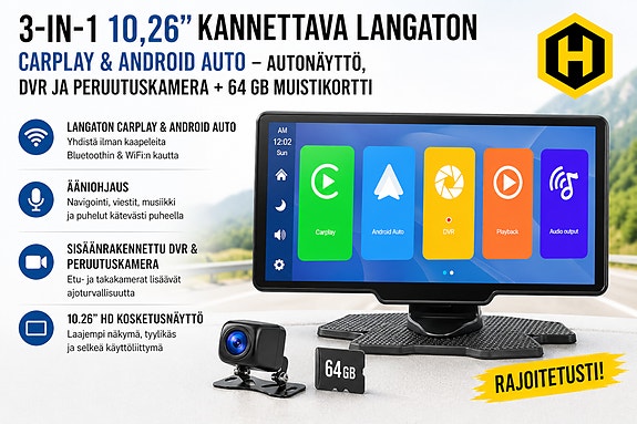 🚘 3-in-1 10,26" kannettava langaton CarPlay & Android Auto + 64 GB muistikortti