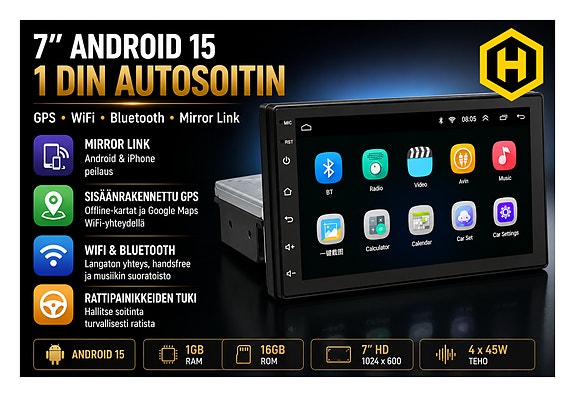 🚗 7" Android 15 1 DIN Autosoitin 1+16GB – GPS, WiFi, Bluetooth & Mirror Link