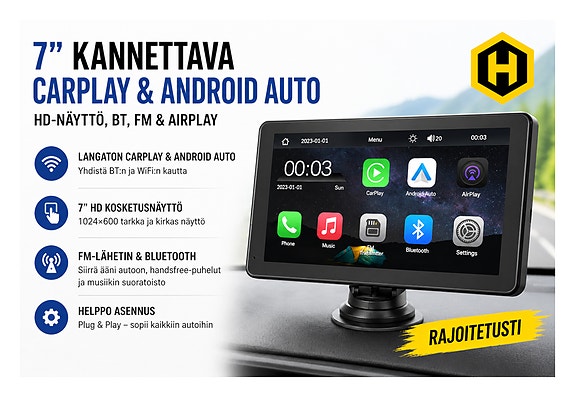 🚘 7" Kannettava Wireless CarPlay / Android Auto Autosoitin – HD-näyttö, BT, FM