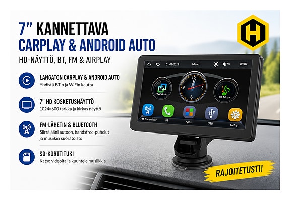 🚘 7" Kannettava Wireless CarPlay / Android Auto Autosoitin – HD-näyttö, BT, AUX