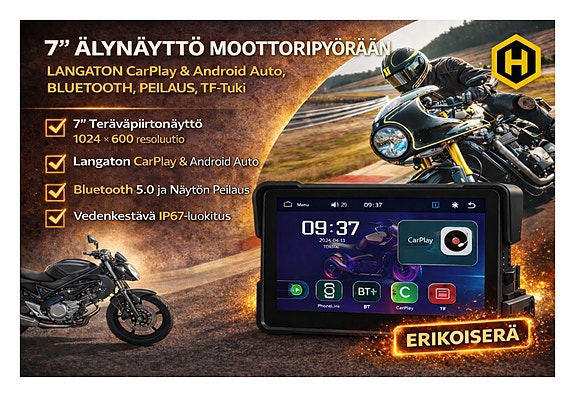 📱 7" IP67 Vedenkestävä Älynäyttö – Langaton CarPlay & Android Auto, Bluetooth