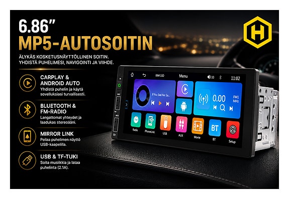 🚘 6.86" MP5-autosoitin (CarPlay, Android Auto, Bluetooth, FM)