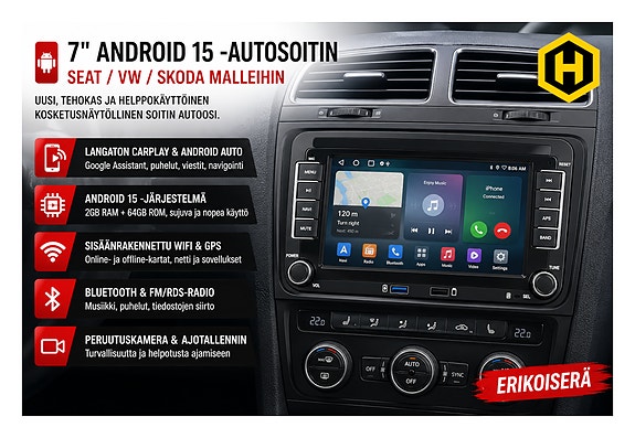 📱 7'' Android 15 -autosoitin Seat / VW / Skoda malleihin