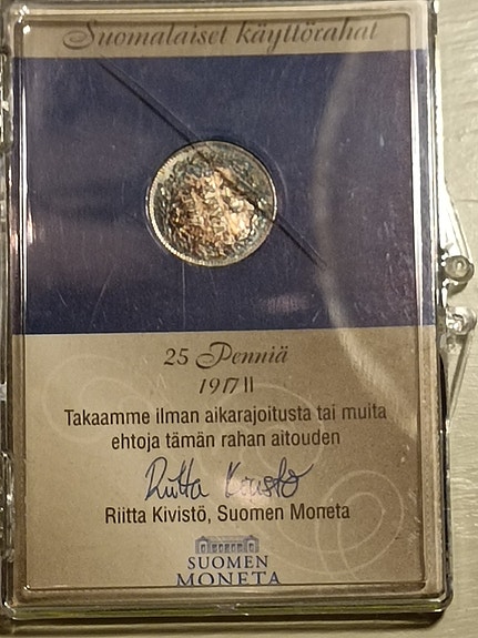Suomen Moneta 25 Pennia 1917 Hopearaha 16 mm