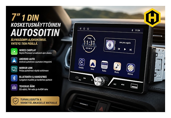 🚘 7” 1 DIN Kosketusnäytöllinen Autosoitin CarPlay Android Auto Mirror Link BT