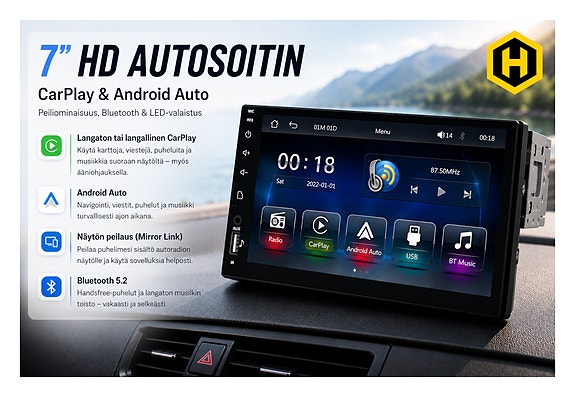 🚘 7” HD Autosoitin – CarPlay & Android Auto – Peiliominaisuus, Bluetooth & LED
