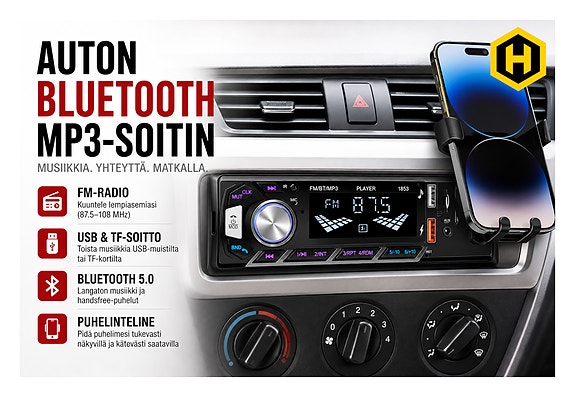 🚗 Bluetooth-autosoitin TF/USB-tuella, värivalaistuksella ja puhelintelineellä