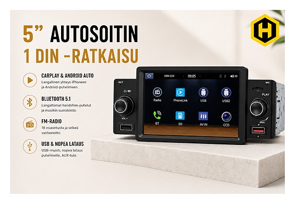 🚗 5” Autosoitin – Langallinen CarPlay & Android Auto, Bluetooth, FM-radio