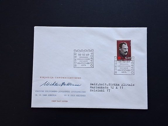 Ensipäiväkuori FDC Johannes Linnankoski 18.10.1969