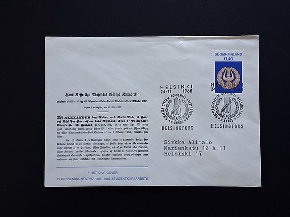 Ensipäiväkuori FDC Ylioppilaskunnat 24.11.1968