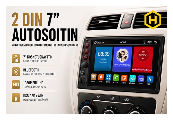 🚗 2 DIN 7” Autosoitin – Kosketusnäyttö Bluetooth FM USB SD AUX MP5 1080P HD