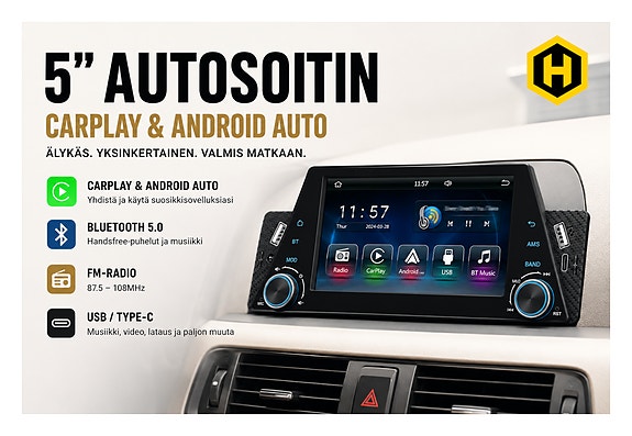 🚗 5" Autosoitin – CarPlay, Android Auto, Bluetooth, FM, USB Type-C
