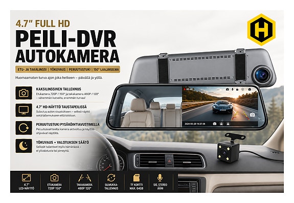 🚗 4.7" Full HD Peili-DVR Autokamera – Etu- ja Takalinssi Yökuvaus Peruutustuki