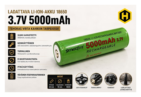 🔋 Ladattava Li-ion-akku 18650 – 3.7V, 5000mAh