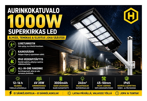 🌞 Aurinkokatuvalo 1000W – Superkirkas LED, IP65, Liiketunnistin & Kaukosäädin