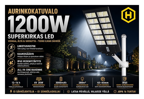 🌞 Aurinkokatuvalo 1200W – Superkirkas LED, IP65, Liiketunnistin & Kaukosäädin
