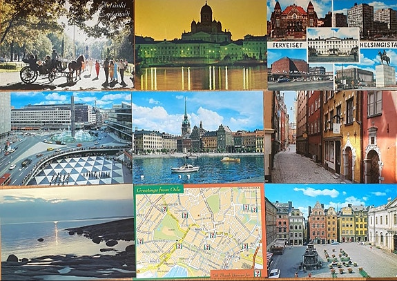 Postikortteja. Helsinki. Tukholma. Oslo.