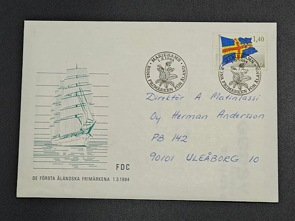 Ahvenanmaa- Åland   Ensipäiväkuori FDC Yleismerkki Ahvenanmaan lippu 1.3.1984