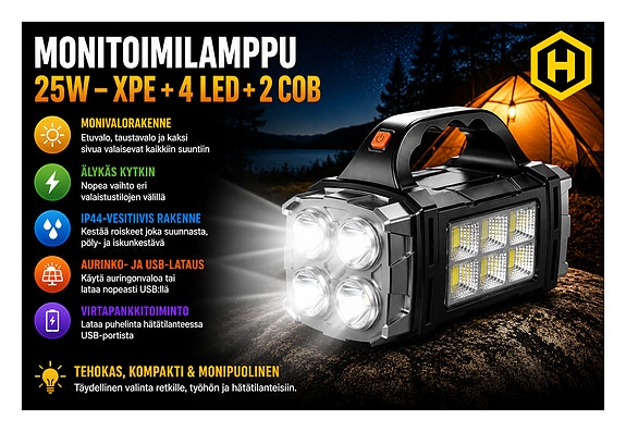🔦 Monitoimilamppu 25W XPE+4 LED+2 COB – Tehokas ja monipuolinen valaisin