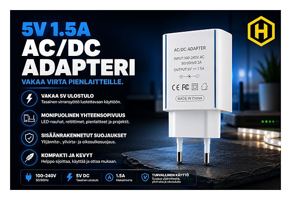📦 AC/DC 5V 1,5A Adapteri – Tehokas virtalähde pienlaitteille