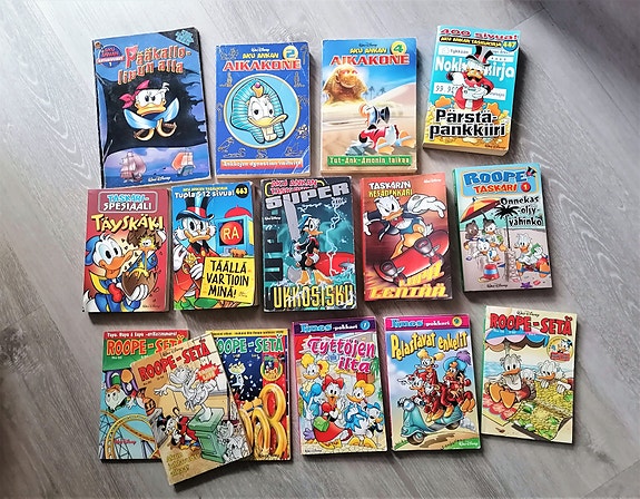 Aku Ankan taskukirjoja, Iines pokkareita, Aikakone 2 ja 4, Roope setä -lehtiä