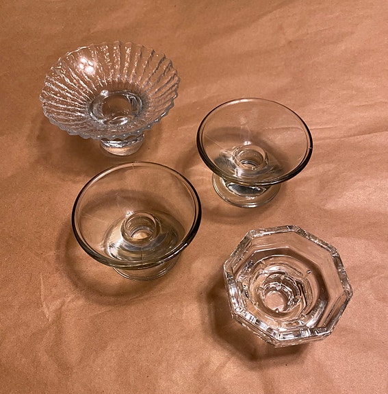 Neljä Vintage Lasi Kynttilänjalkaa (Iittala, Riihimäen lasi, Luminarc)