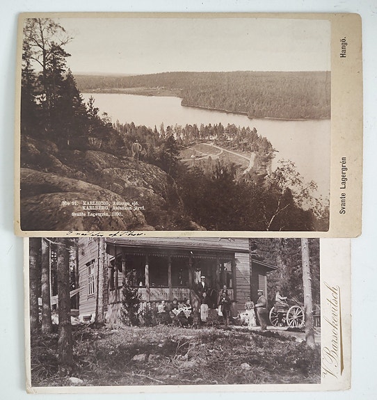 Kaksi maisemavalokuvakorttia Kuopiosta ja Hämeenlinnasta noin 1890-luvulta