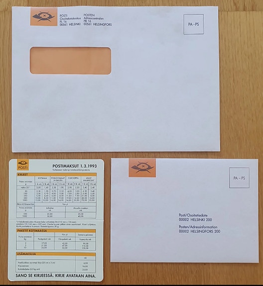 Postin keräily tavaroita: 2 kirjekuorta ja kalenteri / postimaksut v. 1993