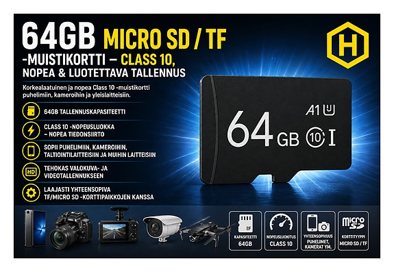 📱 64GB Micro SD / TF -muistikortti – Class 10, nopea & luotettava tallennus