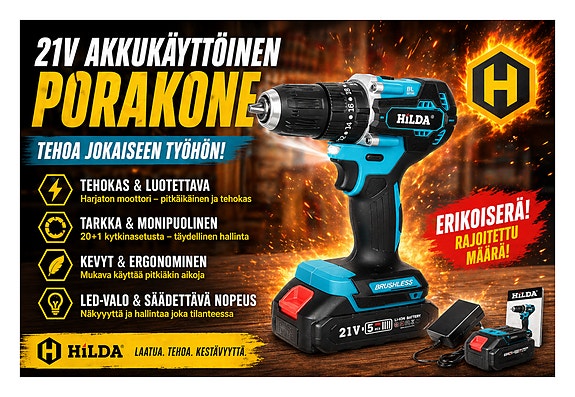 🔧 Hilda akkukäyttöinen porakone / ruuvinväännin – LED-valo, säädettävä nopeus