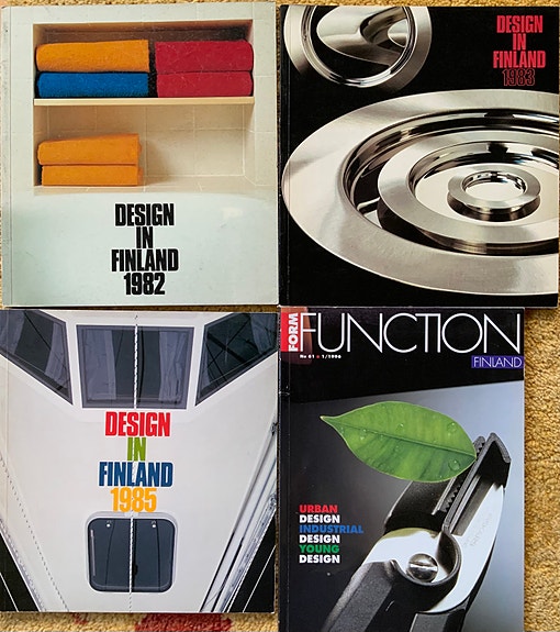 Design in Finland 1982, 1983 ja 1985 ja FormFunction 1/1996 -lehdet, yht 18