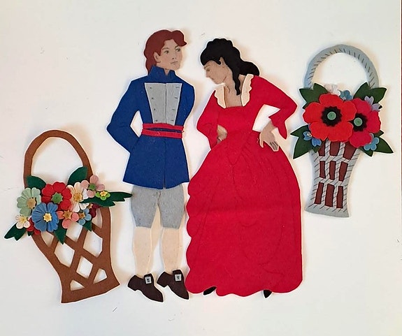 Vintage huopafiguurit – satuhahmot prinsessa, prinssi ja 2 kukkakoria