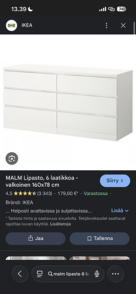 Etsin malm lipastoa kotiin. 160cm
