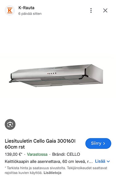 Cello Gaia 300160I Liesituuletin 60 cm sekä aktiivihiilisuodatin