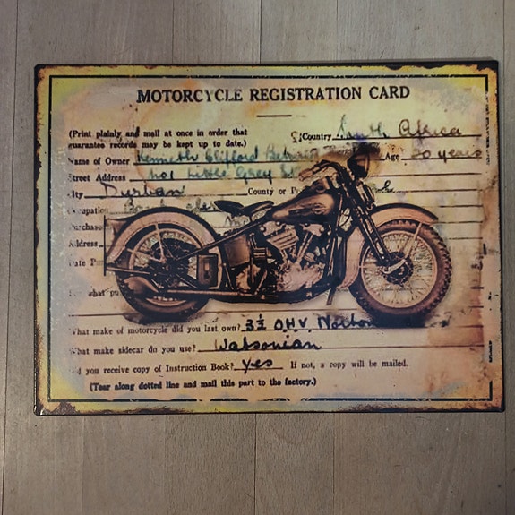 Motorcycle Registration Card - sisustuskyltti