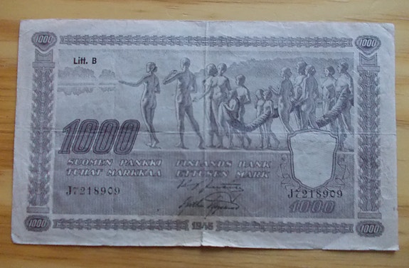 Sota-ajan seteli 1000 markkaa 1945 Suomen pankki