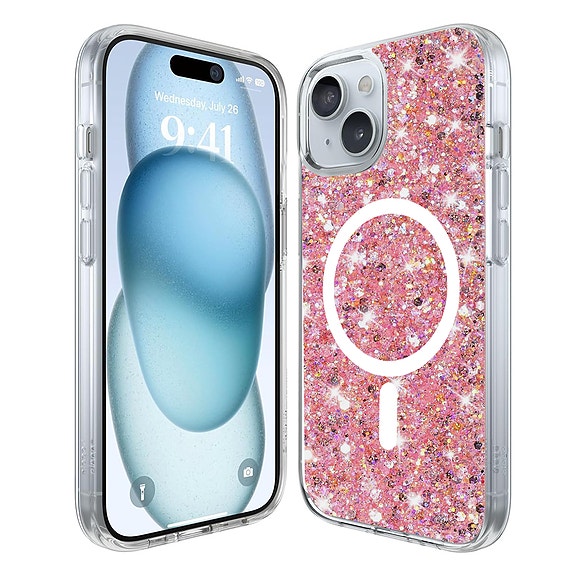 Techsuit Kimalteleva Glitter MagSafe suojakuori, iPhone 15 - Pinkki