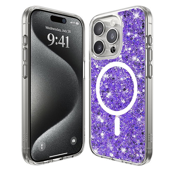 Techsuit Kimalteleva Glitter MagSafe suojakuori, iPhone 15 Pro - Violetti