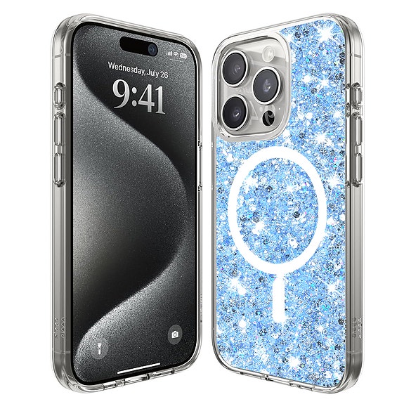 Techsuit Kimalteleva Glitter MagSafe suojakuori, iPhone 15 Pro - Sininen