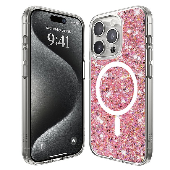 Techsuit Kimalteleva Glitter MagSafe suojakuori, iPhone 15 Pro - Pinkki