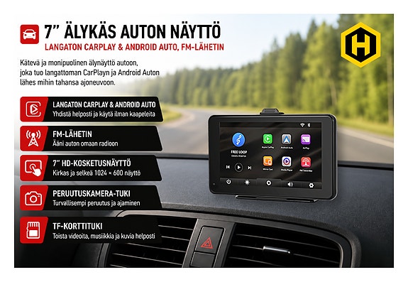 🚗 7” Älykäs Auton Näyttö – Langaton CarPlay & Android Auto, FM-lähetin