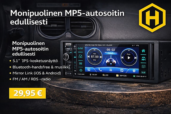 🚗 MP5-autosoitin 5.1” IPS-kosketusnäytöllä – Bluetooth, FM/AM/RDS, DVR-tuki