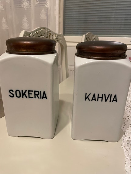 Arabia Suomi Finland 5 sokeri- ja kahvipurkit posliini puisilla kansilla