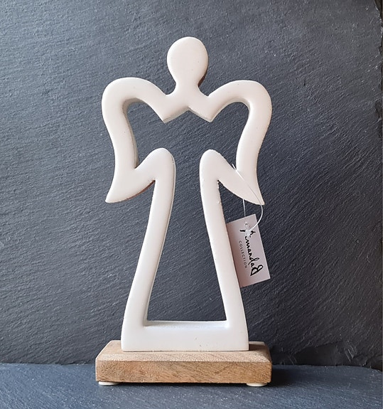 Amanda b, Mangopuinen enkeli koriste valkoinen/puunväri, korkeus 21,7 cm